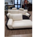 2 TONE CREAM AND BROWN LEATHER 3 SEATER SETTEE AND MATCHING CHAISE LOUNGE
