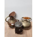 BRASS AND COPPER WATER JUG TOGETHER WITH BRASS KETTLE AND VINTAGE BISCUIT BARREL