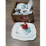 BOX OF MISCELLANEOUS INCLUDING MURANO GLASS BIRD AND WAYSIDE MEAT PLATES