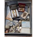 BOX OF MISCELLANEOUS COSTUME JEWELLERY AND LADIES WRISTWATCHS