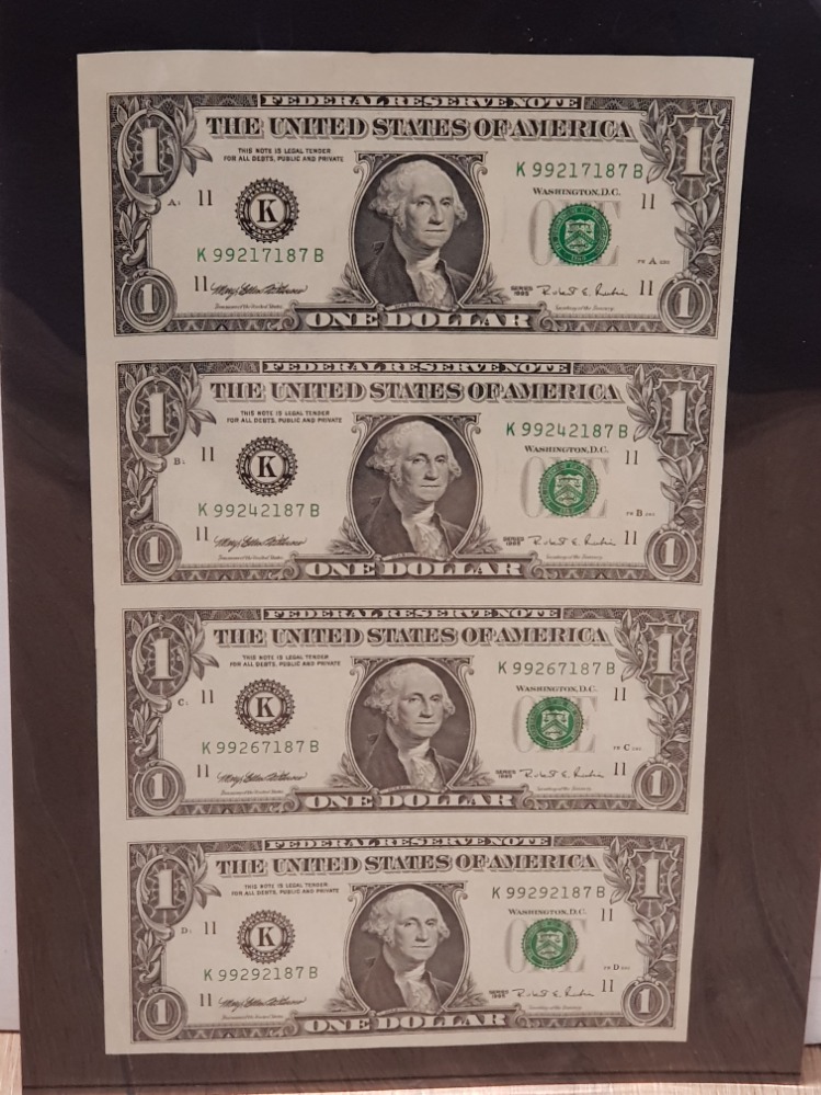 4 UNCUT USA 1 DOLLAR BANK NOTES