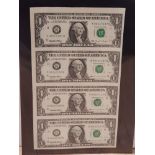 4 UNCUT USA 1 DOLLAR BANK NOTES