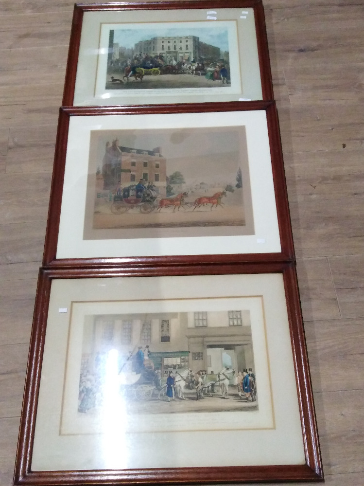 3 FRAMED COACHING ENGRAVINGS QUICKSILVER ROYAL MAIL THE BLENHEIM LEAVING THE STAR HOTEL OXFORD AND