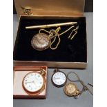 4 POCKET WATCHES INCLUDES INGERSOLL WATCH AND 2 GILT WATCHES ON CHAIN ALSO INCLUDES VINTAGE POCKET