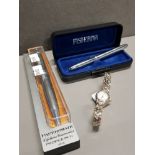 LADIES FISHER SPACE PEN AND PAPER MATE PEN PLUS LADIES WRISTWATCH