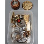 BOX OF MISCELLANEOUS ITEMS INCLUDES COMPACT AND MINATURE VINTAGE PERFUME BOTTLES ETC