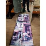 MODERN BEVELLED MIRROR TOGETHER WITH 2 PARIS CANVASES