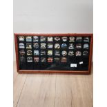 NICE DISPLAY CASE CONTAINING MISCELLANEOUS BADGES INCLUDING TITANIC RELATED BADGES