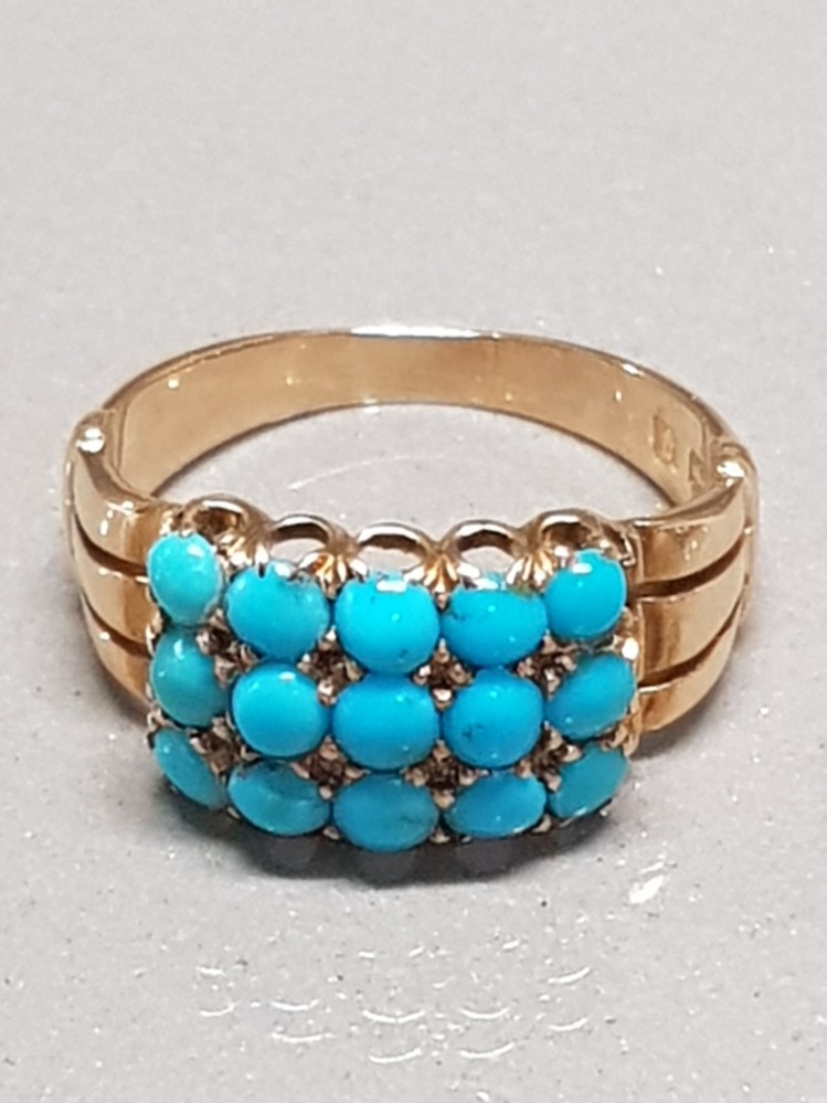 18CT YELLOW GOLD 3 ROW TURQUOISE RING SIZE N GROSS WEIGHT 4.9G