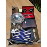 A BOX OF MISCELLANEOUS INC RAPPORT CARRIAGE CLOCK ASSORTED CUTLERY ETC