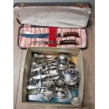 BOX CONTAINING MISCELLANEOUS SILVER PLATED CUTLERY AND 2 PIECE CARVING SET IN ORIGINAL CASE