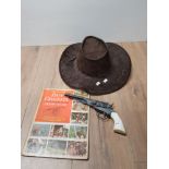 DAVY CROCKETT STAMP BOOK WITH KANSAS KID CRESCENT REPLICA GUN TOGETHER WITH HAT