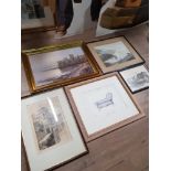 5 FRAMED ITEMS INCLUDES DRAWINGS ETCHINGS AND PRINTS W WEEDON PEN AND INK DRAWING OF A CLIFF SCENE
