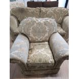 HEAVY FLORAL PATTERNED TRADITIONAL FABRIC 3 SEATER SOFA TOGETHER WITH ARMCHAIR