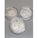 3 USA SILVER DOLLAR COINS DATED 1887 1890 AND 1922