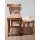 A PINE CHILDS CHAIR TOGETHER WITH STOOL