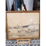 FRAMED PENCIL DRAWING OF HMS COLLINGWOOD NORTH SHIELDS SIGNED BY LAWRENCE WILSON