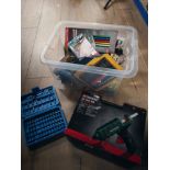 BOX OF MISCELLANEOUS TOOLS INCLUDING DRILL BITS