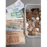 BOX OF PRE DECIMAL AND FOREIGN COINAGE PLUS PACK FOREIGN BANK NOTES