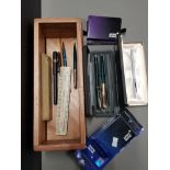 BOX CONTAINING PENS INCLUDING 2 PARKER PENS AND MONT BLANC INKS ETC