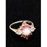 9CT GOLD OPAL, CZ AND PINK STONE CLUSTER RING SIZE M 3G