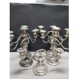 2 SETS OF 3 BRANCH SILVER PLATED CANDELABRA TOGETHER WITH ONE OTHER
