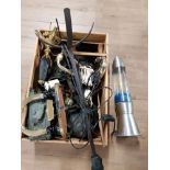 A BOX OF MISCELLANEOUS INC BRASS LAMPS LAVA LAMP ETC