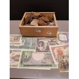 BOX CONTAINING A SUBSTANTIAL AMOUNT OF ONE PENNY AND HALF PENNY COINS PLUS BANK NOTES