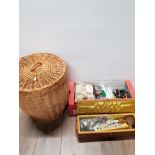 WICKER BASKET TOGETHER WITH A BOX OF ASSORTED SEWING EQUIPMENT
