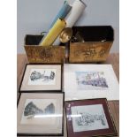 2 BRASS MAGAZINE HOLDERS TOGETHER WITH 2 SIGNED ETCHINGS OF LOCAL SCENES ETC