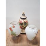 HAND PAINTED LIDDED VASE TOGETHER WITH LARGE DRINKING GLASS PLUS ONE OTHER