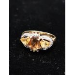 9CT GOLD SMOKEY QUARTZ CITRINE AND DIAMOND RING SIZE K 1.9G