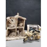 A MODEL RUINED HOUSE TOGETHER WITH BOXED VICTORIA MILITARY VEHICLE AND BMW R75 MOTORBIKE CART