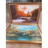 2 GILT FRAMED OIL ON CANVASES STREAM SCENES SIGNED BY JAMES AND ROBINSON