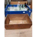 GUERNSEY WOODEN TOMATO BOX TOGETHER WITH A CRATE CONTAINING VINTAGE GLASS BOTTLES