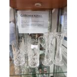 A PAIR OF ROYAL DOULTON CUT CRYSTAL FLUTE VASES AND OTHER CUT CRYSTAL ITEMS SUCH AS DRINKING GLASSES