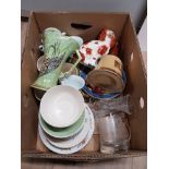 A BOX OF MISCELLANEOUS INC ARTHUR WOOD JUG STAFFORDSHIRE STYLE DOG ETC