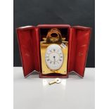 JEAN ROULET BRASS CARRIAGE CLOCK WITH KEY IN ORIGINAL BOX