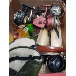 TRAY OF SPINNING REELS FISHING GLOVES AND BONE SHIP ETC
