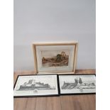 FRAMED WATERCOLOUR SIGNED BY HARRY STICKS TOGETHER WITH 2 PRINTS OF WARKWORTH AND DUNSTANBURGH
