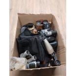 A BOX OF MISCELLANEOUS CAMERAS AND BINOCULARS INC ZENIT E CAMERA