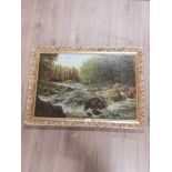 GILT FRAMED OIL ON BOARD STREAM AND WOODLAND SCENE SIGNED BY RAY SMITH