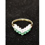 9CT GOLD CZ AND EMERALD 2 ROW WISHBONE RING SIZE N 1.5G