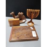 WOODEN JERUSALEM CAMEL INKWELL MATCH BOX AND MENORAH CANDLESTICK PLUS JEWISH ALBUM