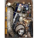 BOX CONTAINING MISCELLANEOUS COSTUME JEWELLERY AND SILVER PLATED SPOONS ETC