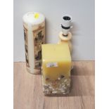 GREAT BRITAINS MILLENNIUM CANDLE TOGETHER WITH SHELL WORK CANDLE AND MARBLE BASED TABLE LAMP