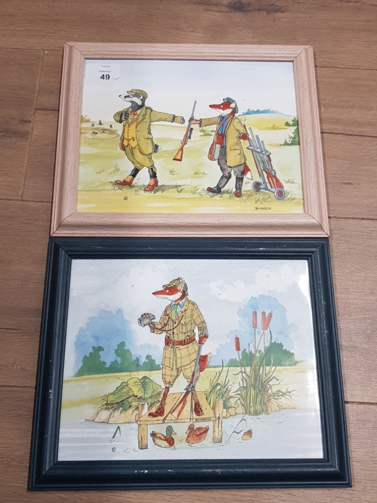 2 FRAMED CERAMIC TILES TITLED ONE FOR THE POT SHED AND HIDE AND SEEK SIGNED BY B MARTIN