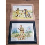 2 FRAMED CERAMIC TILES TITLED ONE FOR THE POT SHED AND HIDE AND SEEK SIGNED BY B MARTIN