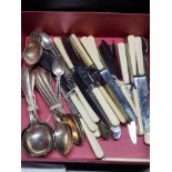 BOX OF SILVER PLATED CUTLERY KNIVES AND SPOONS