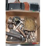 BOX CONTAINING VINTAGE CAMERA FLASK AND CIGARETTE HOLDERS PLUS HALLMARKED BIRMINGHAM SILVER MINATURE